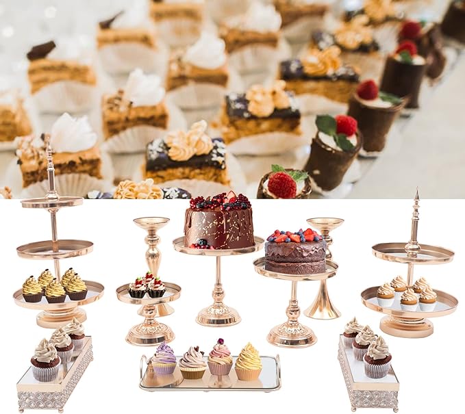 10 Pcs Wedding Cake Stand Set Dessert Table Display Set, Gold Tempered Glass Metal Cupcake Tray Candy Fruit Display Tower for Afternoon Tea Birthday Party Baby Shower Anniversary