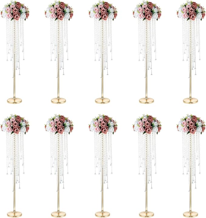 NUPTIO Gold Vases for Centerpieces Wedding - 10 Pcs 39.4in Tall Vase Chandelier Centerpiece for Tables - Flower Stand Bulk for Weddings