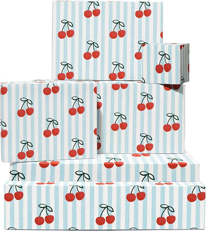 CENTRAL 23 Blue Wrapping Paper - 6 Sheets Cherry Gift Wrap for Women or Friends - Birthday Christmas Wedding Summer Theme - Red Cherries Stripe - Recyclable - Comes with Tags