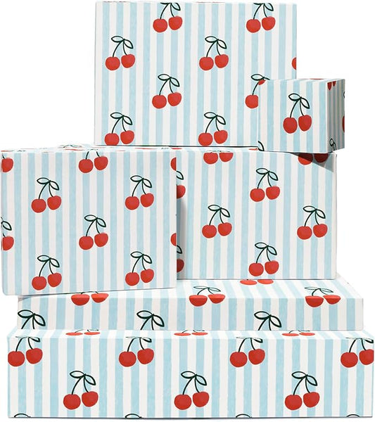CENTRAL 23 Blue Wrapping Paper - 6 Sheets Cherry Gift Wrap for Women or Friends - Birthday Christmas Wedding Summer Theme - Red Cherries Stripe - Recyclable - Comes with Tags