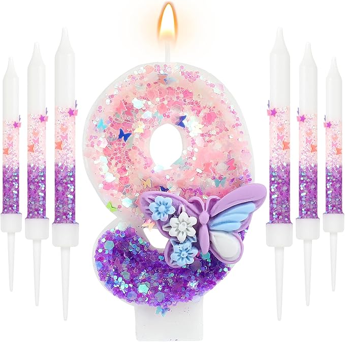AKURIEEY Butterfly 9th Birthday Candle Purple Number 9 Candle with 6 Pcs Long Candles for Girls Cake Topper Cupcake Decor Party Decoration Anniversary Celebrations Supplies