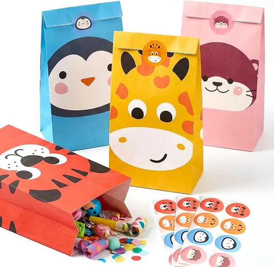 VGOODALL 24 Pack Party Favor Bags with Stickers, 4.7"x 3.1"x 8.7" Animal Paper Treat Bags for Kids Birthdays Classroom Rewards Goodie Gift Supplies