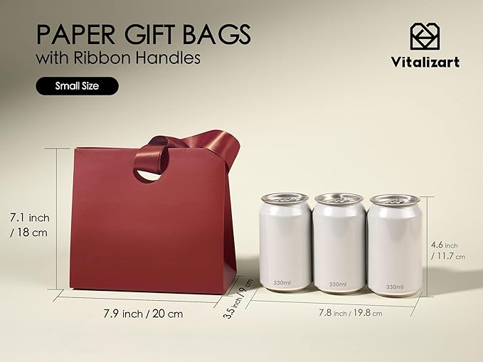 Vitalizart Paper Gift Bags With Ribbon Handles Set of 10 Red Bulk Reusable For Gift Wrap Girls Kids Birthday Bridal Shower Party Favors Goodie Bags Candy Toys Christmas 7.87"x3.54"x7.09" Small Size