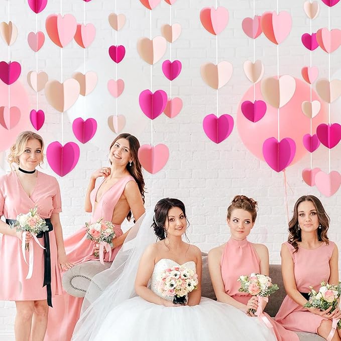 JijAcraft 120 Heart Garland Banner Hot Pink - Valentines Day Decorative 3D Paper Hanging Streamers for Engagement, Bachelorette, Home Decor, Wedding, Birthday Party