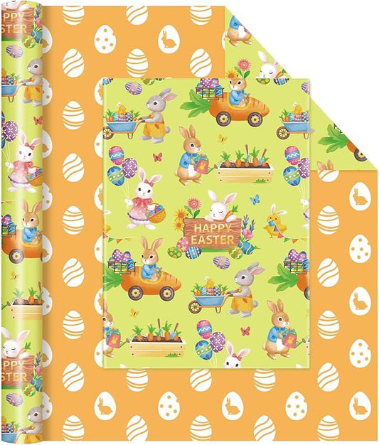 WERNNSAI Easter Wrapping Paper Roll - 1 Roll 17” x 33 ft Yellow Easter Bunny Wrapping Paper for Kids Cute Bunny Wrapper for Spring Birthday Baby Shower DIY Craft Party Decor Large Gift Wrap