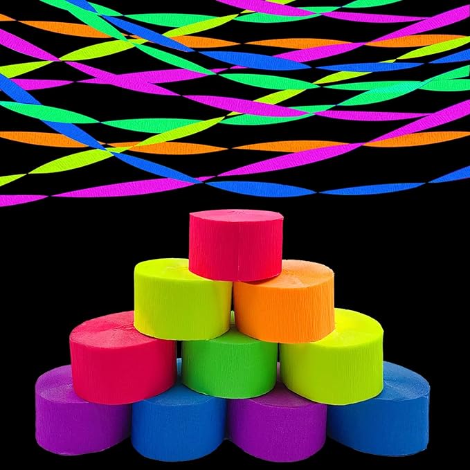 1200 feet Glow Crepe Paper Streamers UV Glow Party Neon Streamer Black Light Reactive Fluorescent Neon Paper Party Streamers Glow in The Dark Wedding Birthday Blacklight Party Decorations