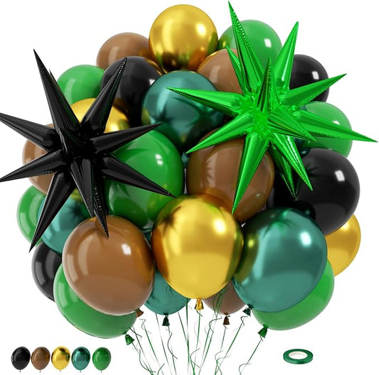 Green and Brown Balloons, 12 Inch Jungle Safari Woodland Balloon with Brown Black Dark Green Confetti Balloons Metal Balloon for Video Game Theme Birthday Wild One Party Decorations