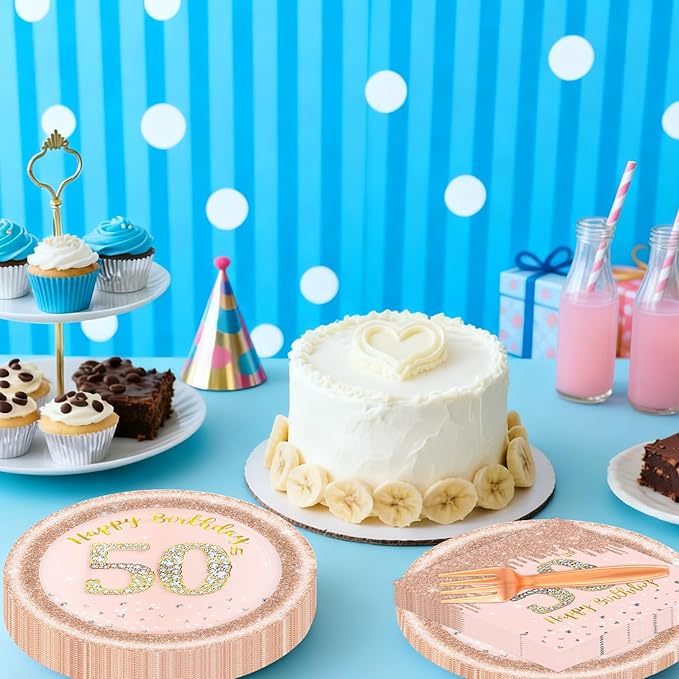 60 PCS 50th Birthday Decorations for Women, 50th Birthday Plates and Napkins Rose Gold Disposable Tableware Set Party Supplies for Women Cheers to 50 Years Anniversary (50TH)