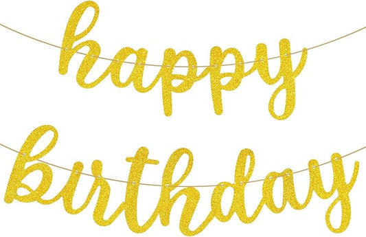 Glitter Happy Birthday Banner Sign Wall Door Banners for Women Men Boys Girls Birthday Party Backdrop Garland Decorations, Personalized Letters Name Banners Connected Gold