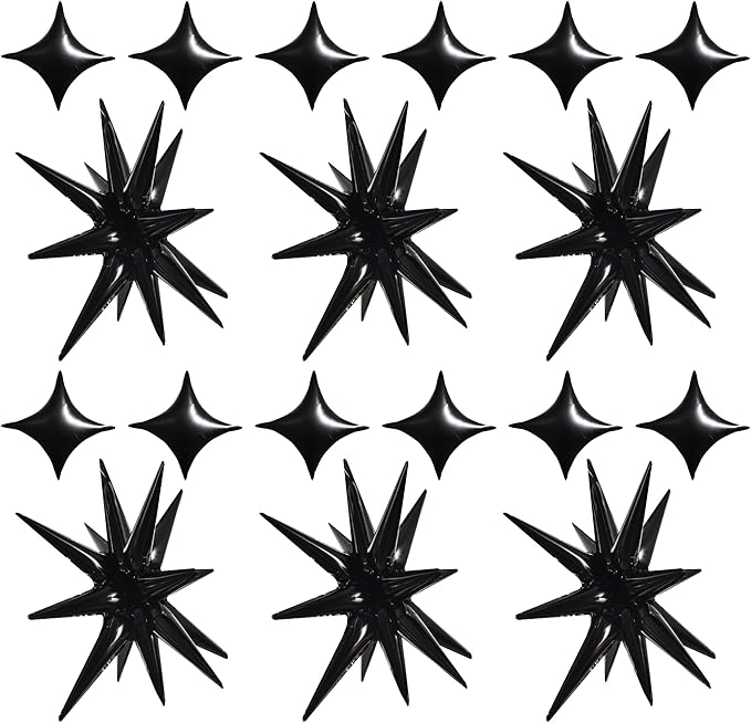 TONIFUL 18Pcs 22Inch Black Large Explosion Star Mylar Balloons and 10Inch Four Pointed Star Balloons Set for Christmas New Year Birthday Wedding Bridal Shower Anniversary Photo Booth Supplies