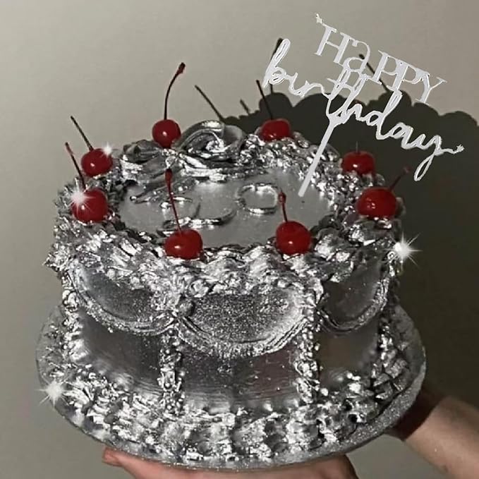 Silvery Acrylic Birthday Cake Toppers - 6pcs Happy Birthday Toppers for Girls' Party Decorations