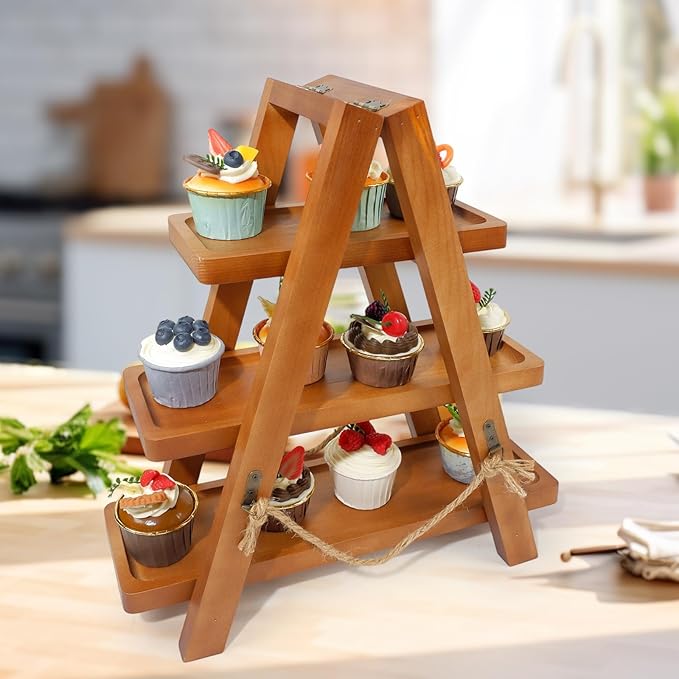 Tnstbiee Rustic 3-Tier Cupcake Stand - Wooden Desserts Stand for Cakes,Pastries &Fruits - Removable Trays& Foldable Design-Perfect for Parties Home Events and Weddings-Ideal Gift For Party Enthusiasts