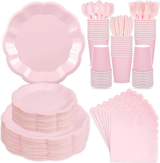 NatNarr 350 Pcs Pink Paper Plates and Napkins Set Include 9" Dinner Plates, 7" Dessert Plate Disposable Scalloped Tableware Serve 50 Guest for Wedding Baby Bridal Shower Birthday