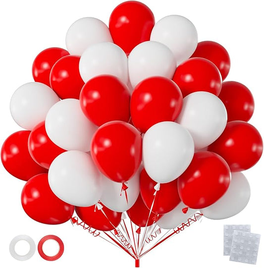60pcs Red and White Balloon Kit, 12 Inch Christmas Red White Latex Balloons for Graduation 2026 Wedding Valentine’s Day Fourth of July Party Decorations (with Ribbons & Glues)