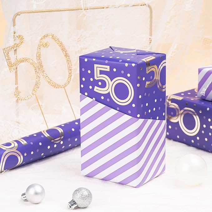 MAYPLUSS Reversible Birthday Wrapping Paper Roll - Mini Roll - 17.3 Inch X 32.8 Feet - Purple 50th Birthday with Glitter Metallic Foil/Stripes (47.3 sq.ft.ttl)