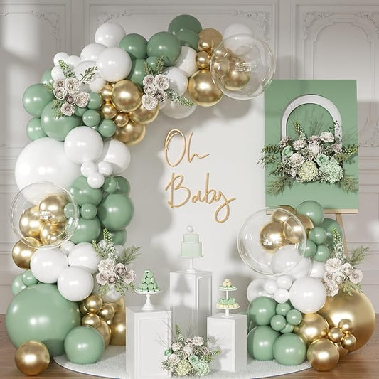 Sage Green Balloon Arch Kit 126 Pcs Neutral Green and White Metallic Gold Balloon Arch Garland Kit for Wedding Birthday Baby Shower Gender Reveal Bridal Decorations