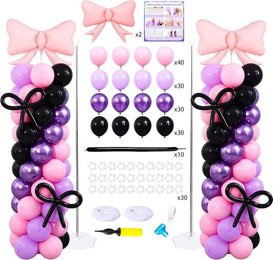 Pink and Purple Black Balloon Column Stand Arch Kit Set of 2 with 140PCS Pink Purple Black and Bows Balloons for Girls Women Baby Shower Princess Birthday Party Supplies