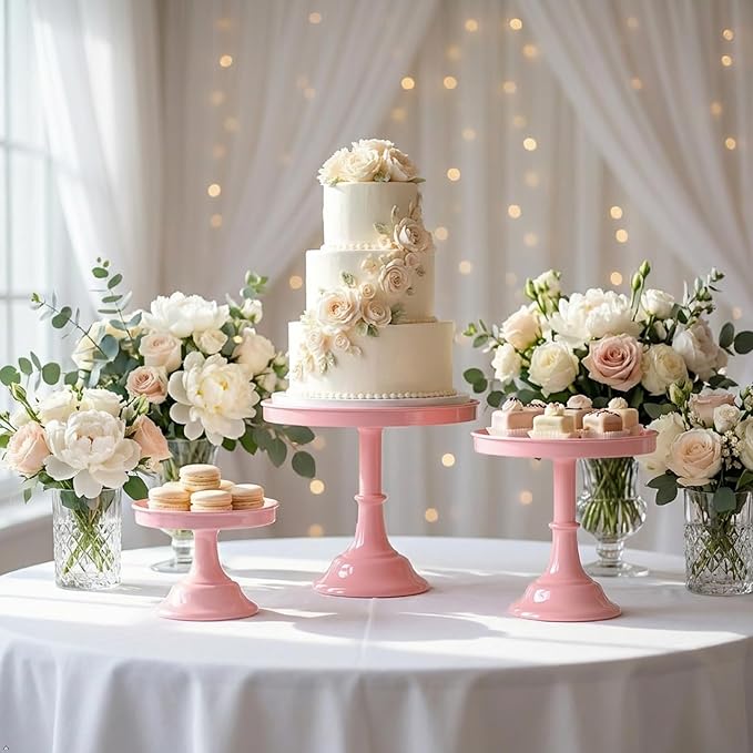 3 Pcs Metal Round Cake Stand Set 8“10”12" Cake Display Stand Dessert Cupcake Display Tray for Graduation,Wedding,Birthday,Party,Baby Shower,Anniversary,Ceremony,Christmas (Pink)