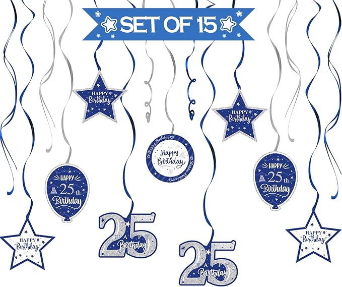 Happy 25th Birthday Blue & Silver Glitter Swirls Streamers Party Decorations - 15 Pcs 25th Birthday Hanging Swirls Streamers Kit,Perfect for 25th Bday Party Sign.