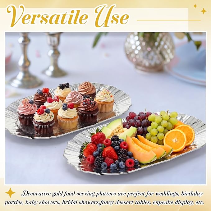 12 Pcs Sliver Plastic Serving Tray Bulk, 14.5" x 8.6" Rectangle Silver Party Platters Reusable Decorative Dessert Table Serving Tray for Graduation Wedding Birthday Party Cupcake Decoration