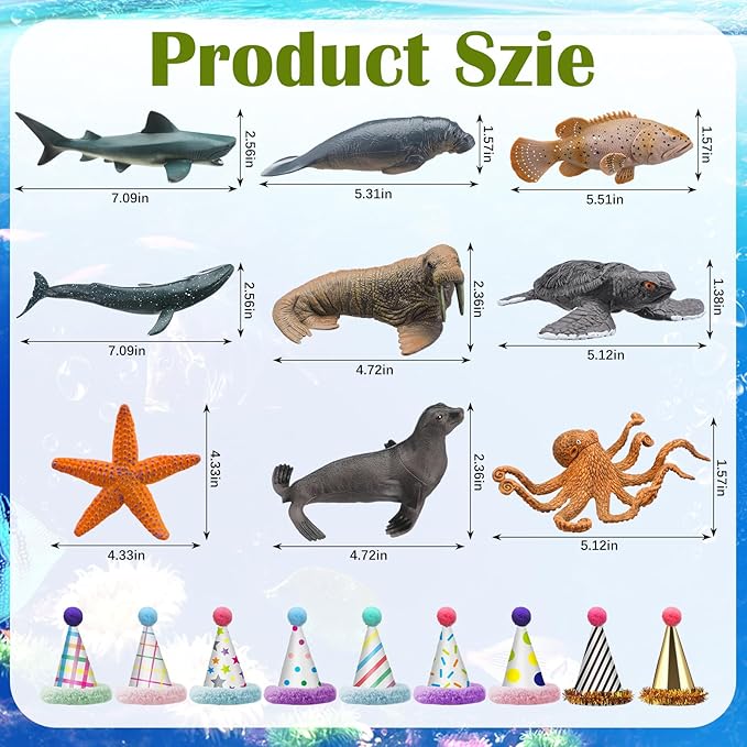 Colingmill 18 Pcs Sea Animal Birthday Party Decorations Mini Birthday Hat Animal Figure Model Cake Toppers with Mini Hat for Animals Themed Party