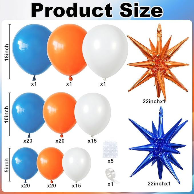 Blue and Orange Balloon Arch Garland Kit, 121PCS Dark Royal Blue and Orange White Balloons with Spikes Balloon for College High School Class of 2026 Graduation Birthday Basketball Party Decorations