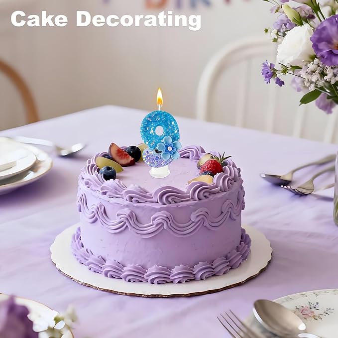 Blue Purple Flower Birthday Number Candles, Flower Theme Party Decorations, Cupcake Decorations, Suitable for Party Celebrations, Boys and Girls Birthday Decorations（9） (Number 9)