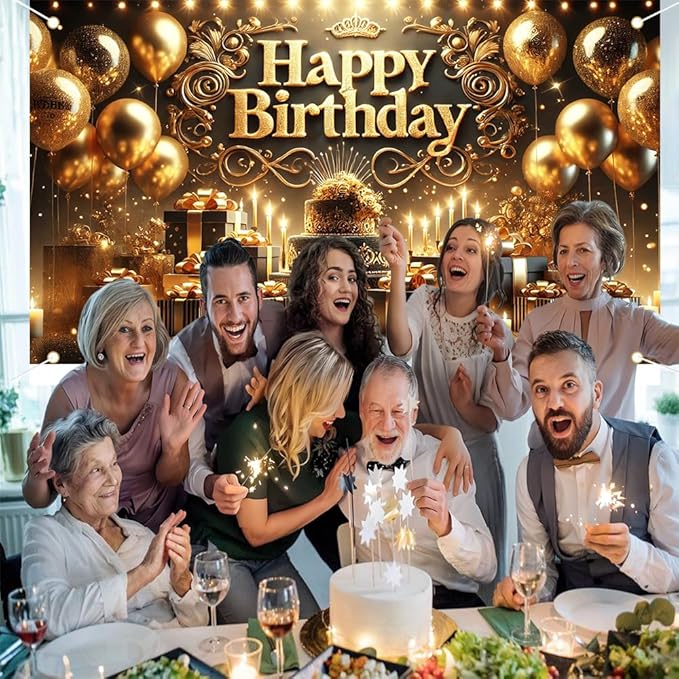 Happy Birthday Party Banner, Festive Balloons and Lights Design, 71x43in Party Decorations for Birthday Event, Party Backdrop, Home Decor