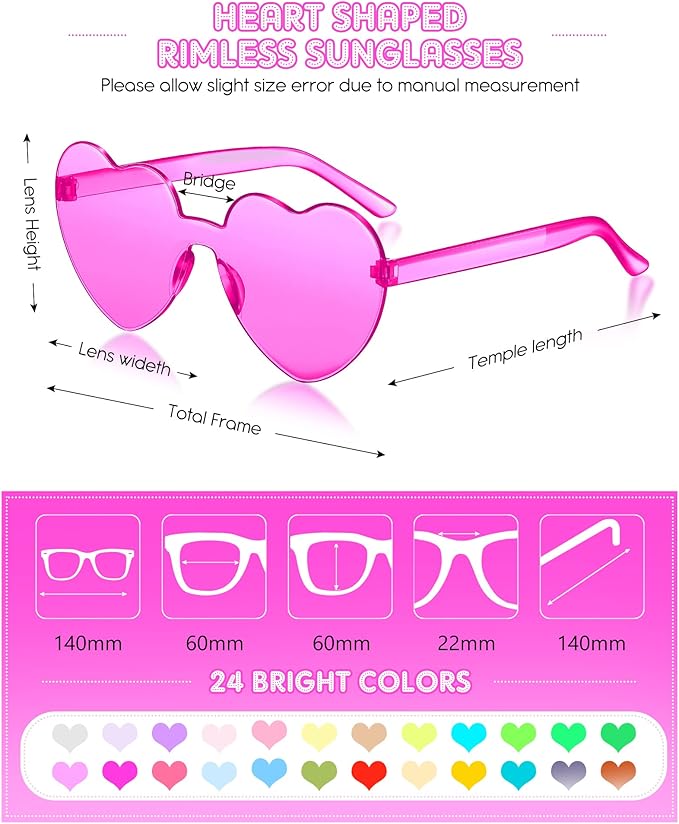 Kingdder 24 Pairs Heart Shaped Sunglasses Rimless Glasses Bulk Candy Color Tinted Eyewear Summer Party Favors