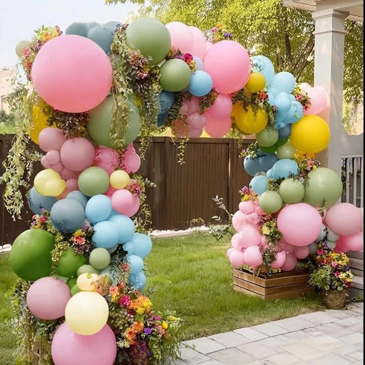 Colorful Balloon Arch Double Stuffed Latex Blue Yellow Green Pink Balloons Wildflower Balloon Garland for Spring Flower Birthday Baby Shower Garden Candy Party Decoration