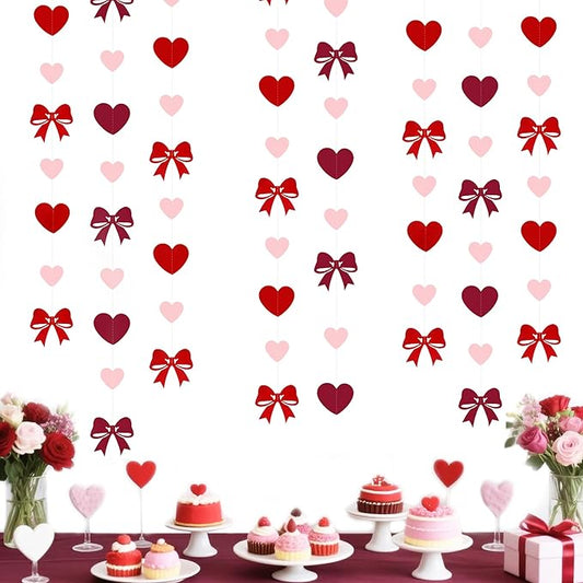 Heart Bow Decorations Burgundy Red Pink Heart Bow Hanging Garland Streamer for Anniversary Birthday Valentines Bachelorette Wedding Baby Shower Bridal Shower Engagement Hen Party Decorations Supplies