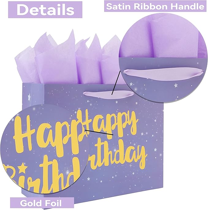 Qirrmiy 13” Large Purple Happy Birthday Gift Bag Set with Handles, Greeting Card, Lavender Tissue Papers and Stickers for Women Girls Kids, Stars Design, 1 Pcs.