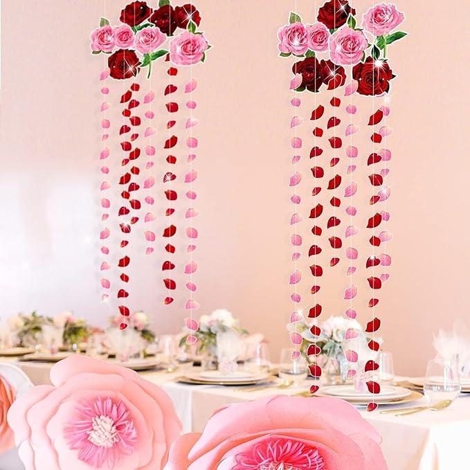 Cheerland Red Pink Rose Garland Flower Roses Petal Streamers Paper Love Banner for Floral Romantic Wedding Engagement Anniversary Bridal Shower Birthday Hanging Mothers Day Party Decorations 12pcs