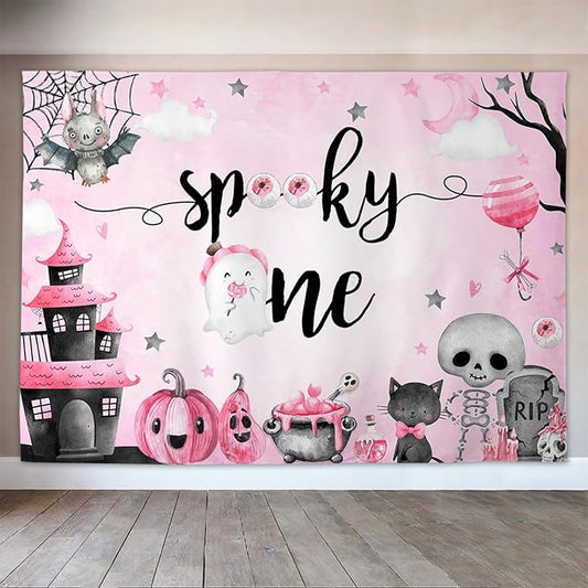Mocsicka Halloween Spooky One Backdrop Halloween 1st Birthday Party Decoratoon Watercolor Spooky Ghost Spooktacular Birthday Banner Photo Shoot Props (Pink, 10x8ft(120''x96''))