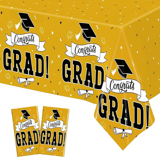 2Pcs 2026 Graduation Table Decorations, 108" X 54" Yellow Plastic Graduation Tablecloth, Disposable Tablecover for Class 2026 Congrats Grad, Rectangle Tablecloth for Grad Decor Party Supplies for kids