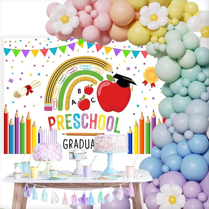 Mocsicka Preschool Graduate Backdrop Pre Kindergarten Congrats Grad Party Supplies Decoration Class of 2026 Graduation Ceremony Background Photo Prop (White, 10x8ft(120"x96"))