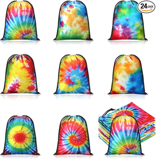 24 Pcs 7x5 Inch Tie Dye Drawstring Bags Tie Dye Goodie Bags Reusable Polyester Colorful Treat Candy Pouches for Summer Birthday Party Supplies