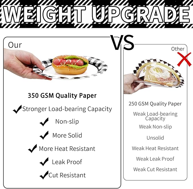 96 Pcs Black and White Gingham Party Supplies 350 GSM Disposable Black and White Buffalo Checked Paper Plates and Napkins Tableware Set for BBQ Picnic Race Car Birthday Party Decorations Serves 24