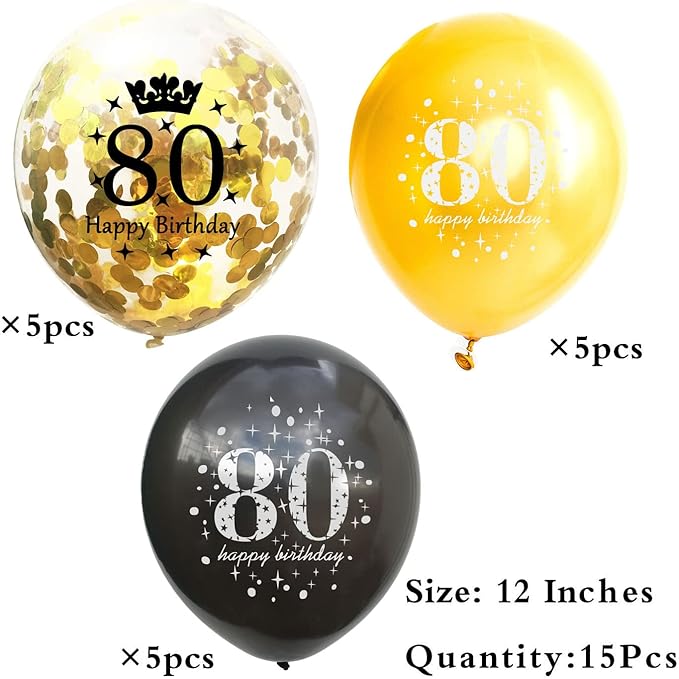 SHUNTAI 80th Birthday Balloons Black and Gold 80th Birthday Party Decorations for Men and Women Latex Confetti Balloon Happy 80 Years Old Theme Decor Supplies 12 Inch 15 Pack
