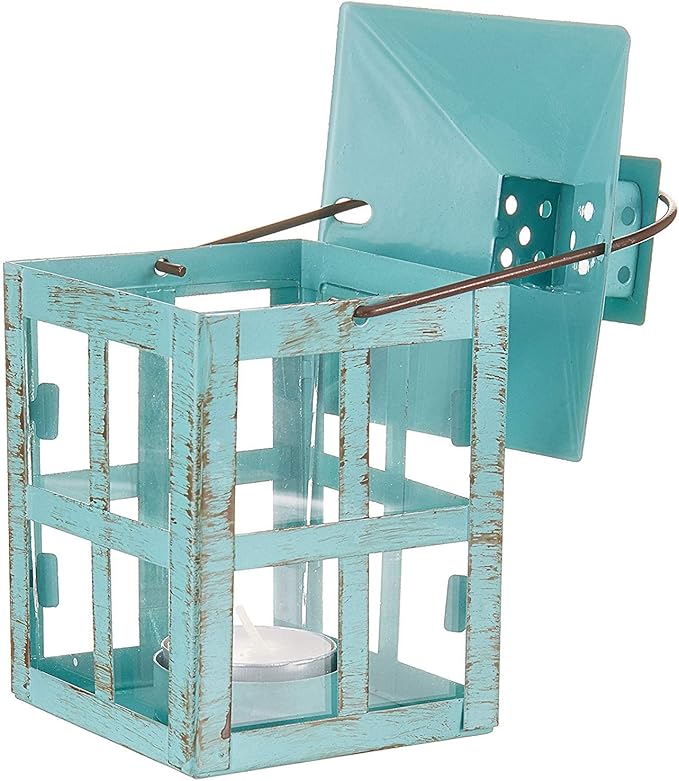 Kate Aspen Decorative Lantern, Vintage Metal Tealight Candle Lanterns, Centerpiece for Wedding Table, Accent Piece & Party Favor, Turquoise - 6 Sets