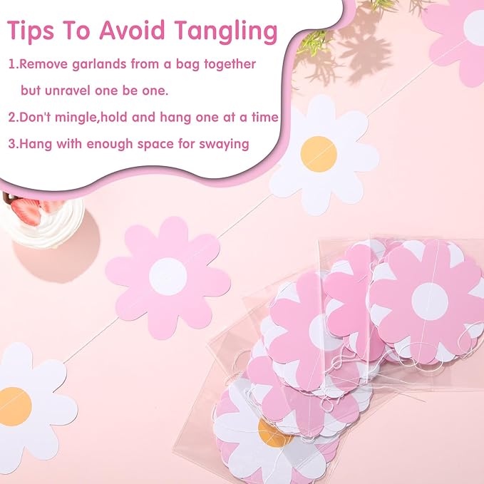 Pasimy 8 Pcs Daisy Boho Party Decorations Groovy Daisy Paper Garlands White Flower Hanging Garland Banner Hippie Flower Cutouts for Birthday Shower Wedding Party Favor Supplies(Fashion,Pink)