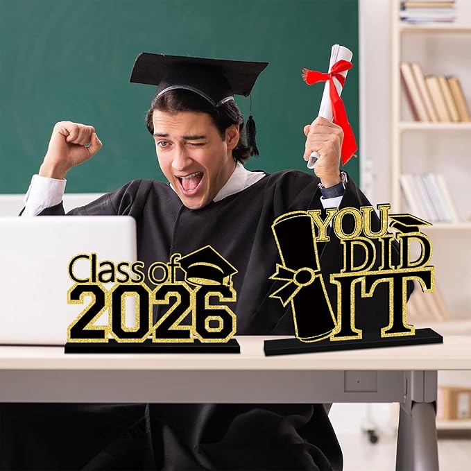 4Pcs Black and Gold Graduation Decorations Class of 2026 Congrats Grad Wooden Table Centerpieces Grad Table Toppers Congratulate Tiered Tray Decor for 2026 Graduation Decorations