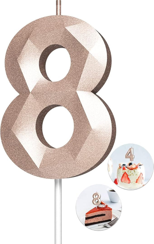 Number Birthday Candles(8 Candle Rose Gold) 3D Diamond Shape Number Happy Birthday Cake Candles for Birthday Party Wedding Decoration Reunions Theme Party