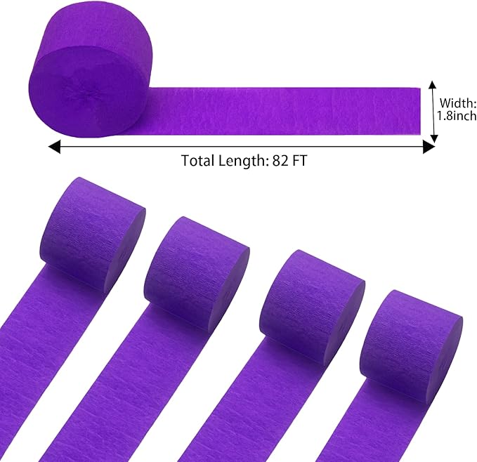 Purple Crepe Paper Streamers 4 Rolls 328ft, Pack of Party Streamers for Party Decorations, Crepe Paper for Birthday, Baby Shower, Wedding Party Decorations (1.8 Inch x 82 Ft/Roll)