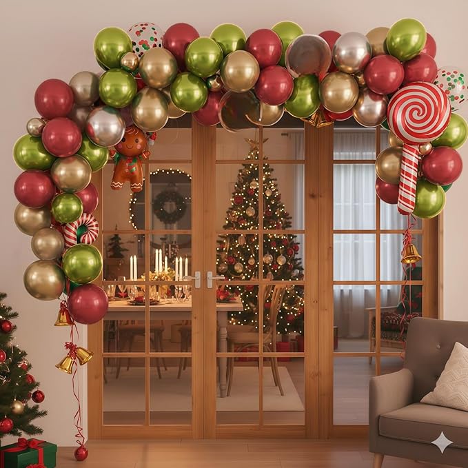 Red and Green Christmas Balloon, 12'' Retro Maroon Ruby Red Metallic Gold Pastel Green Xmas Latex Balloons with Candy Cane Gingerbread Man Foil Balloon for Merry Christmas Party New Year Decorations