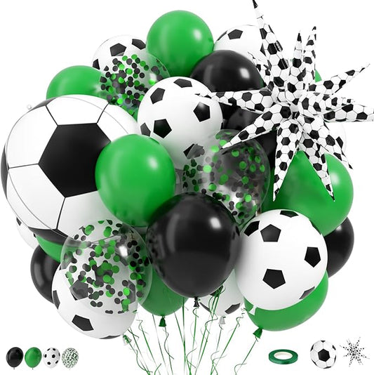 Football Balloons, 12 Inch Soccer Balloons with Green Black White Latex Soccer Printed Star Foil Balloons With Ribbons for Football Sport Theme Party Decorations Birthday Supplies