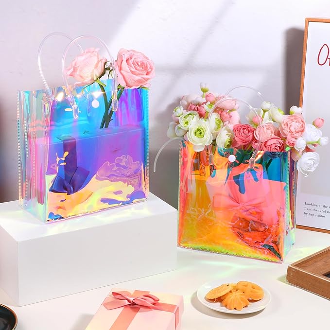 16 Pcs Holographic Small Gift Bags, Clear Reusable Iridescent Birthday Gift Bag with Handles, PVC Gifts Wrap Bags for Bachelorette Shopping Birthday Weddings Party Favors(7.87" x 7.87" x 3.15")