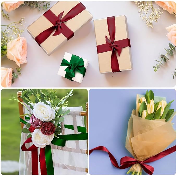 2pcs Christmas Ribbon - 1 Inch X 50 Yards Burgundy, Red & Green for Gift Wrapping & Wedding Party