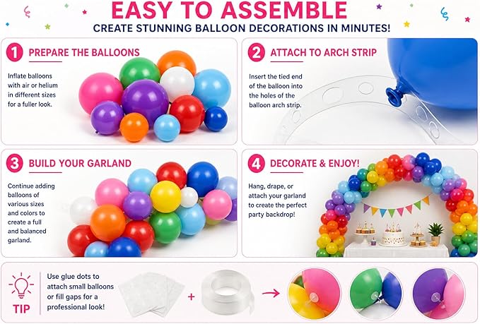 100 Pack Balloon Arch Kit – 12 Inch Assorted Rainbow Latex Balloons with Arch Strip, Glue Dots & Ribbon – Balloon Garland Decoration Set for Birthday, Baby Shower, Graduation & Party Decor
