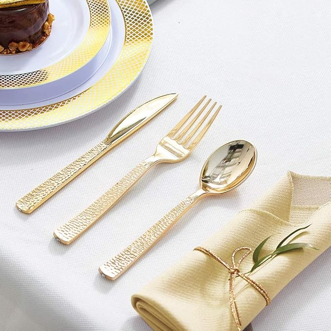 Supernal 360pcs Gold Plastic Silverware Set - Heavy Duty Disposable Cutlery (120 Forks, 120 Spoons, 120 Knives) - Elegant Hammered Finish, Premium Plastic Flatware for Weddings, Parties & Catering